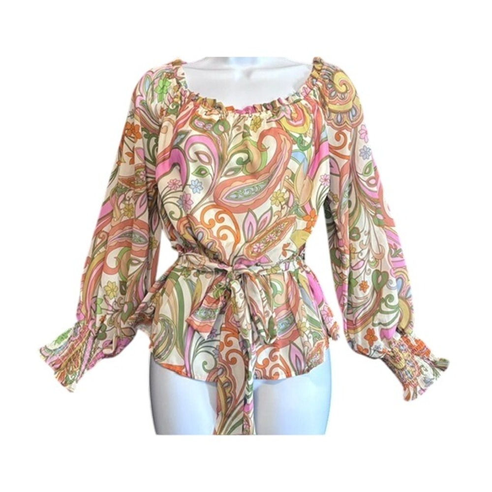 Flying Tomato Paisley Off Shoulder Peplum Blouse Pink Orange Retro Boho Large